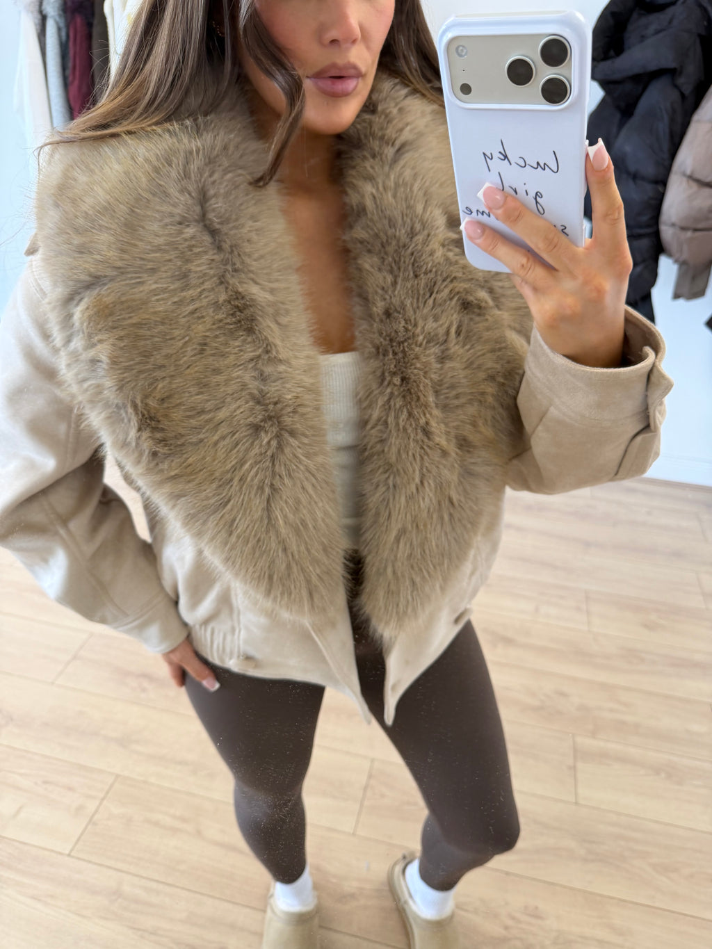 ASPEN Faux Fur Suede Jacket In Biscuit Beige