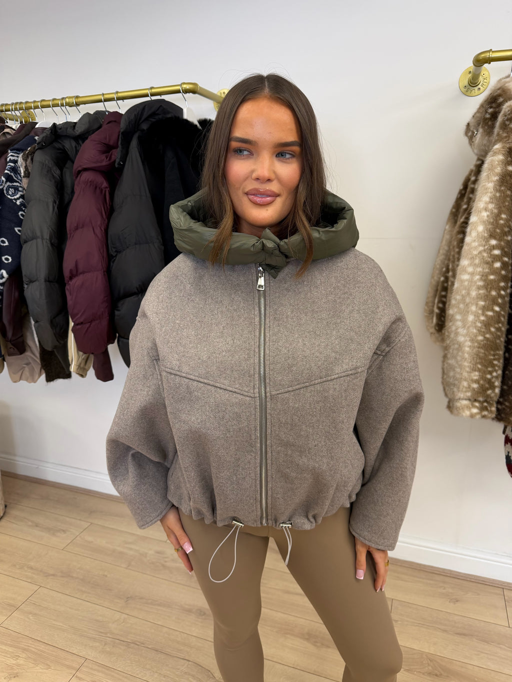 SUNDAY Wool Look Hooded Jacket In Taupe & Khaki
