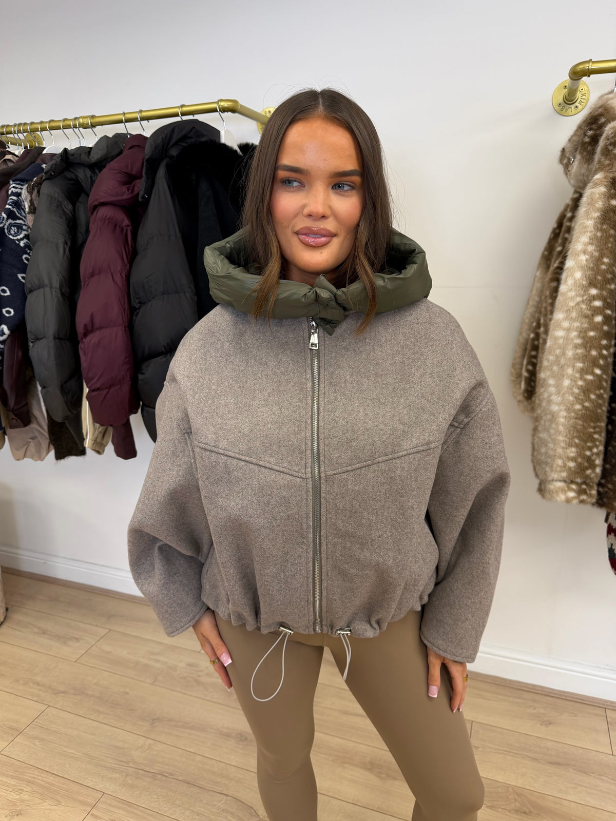 SUNDAY Wool Look Hooded Jacket In Taupe & Khaki