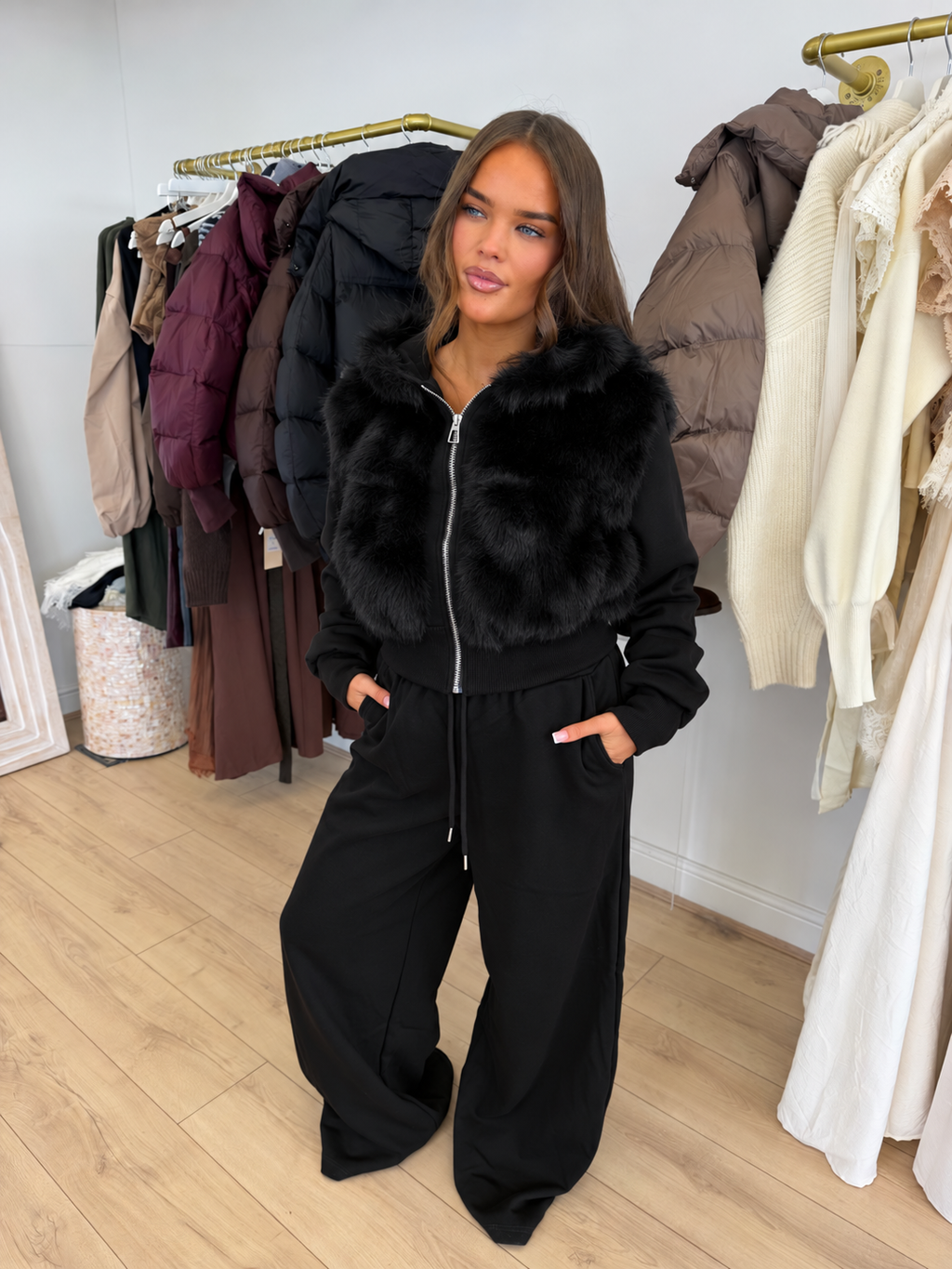 AUBREY Hooded Faux Fur Zip Up Jacket & Wide Leg Trouser Co-Ord In Black