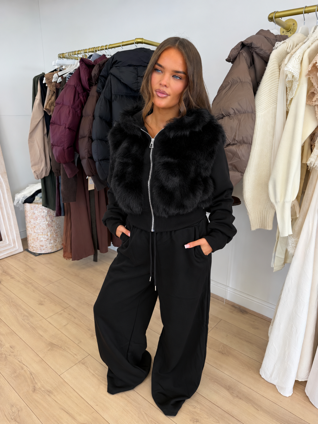 AUBREY Hooded Faux Fur Zip Up Jacket & Wide Leg Trouser Co-Ord In Black