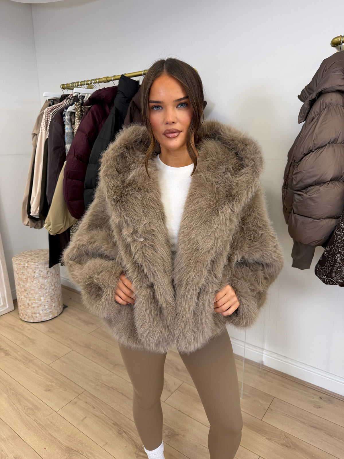 MONROE Hooded Faux Fur Long Sleeved Jacket In Biscuit