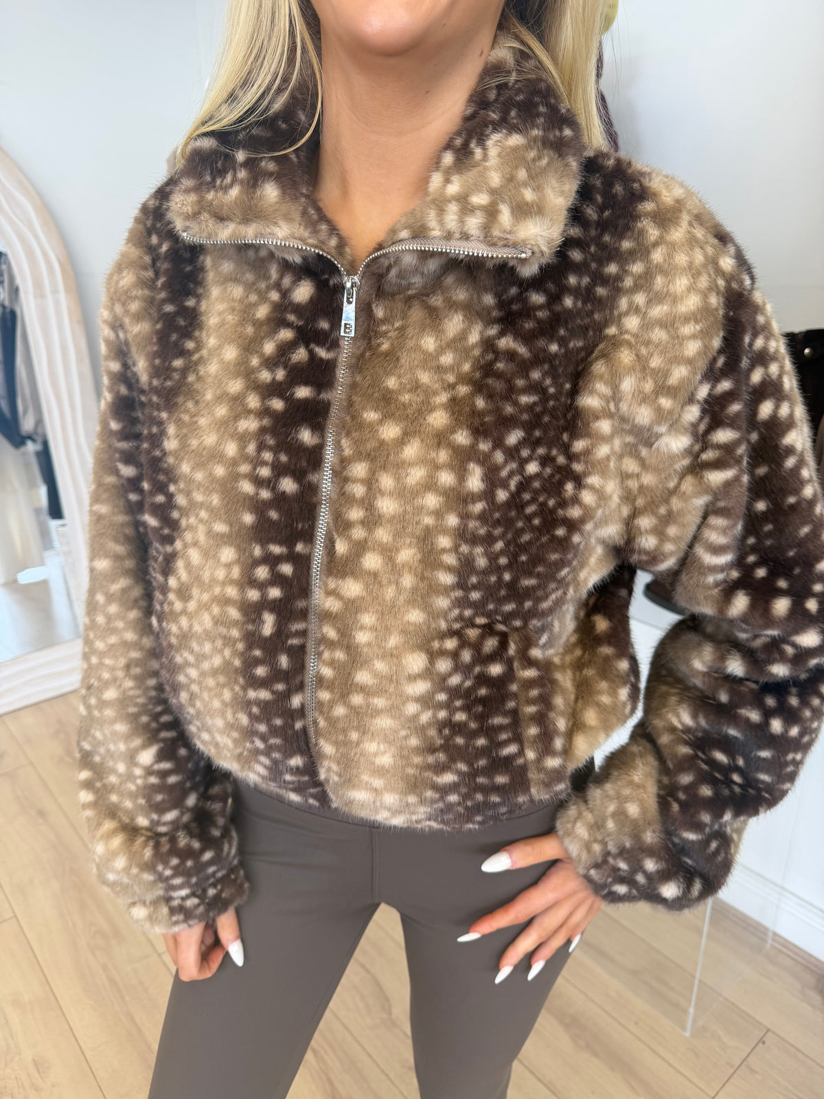 FAWN Faux Fur Deer Print Zip Up Jacket In Brown