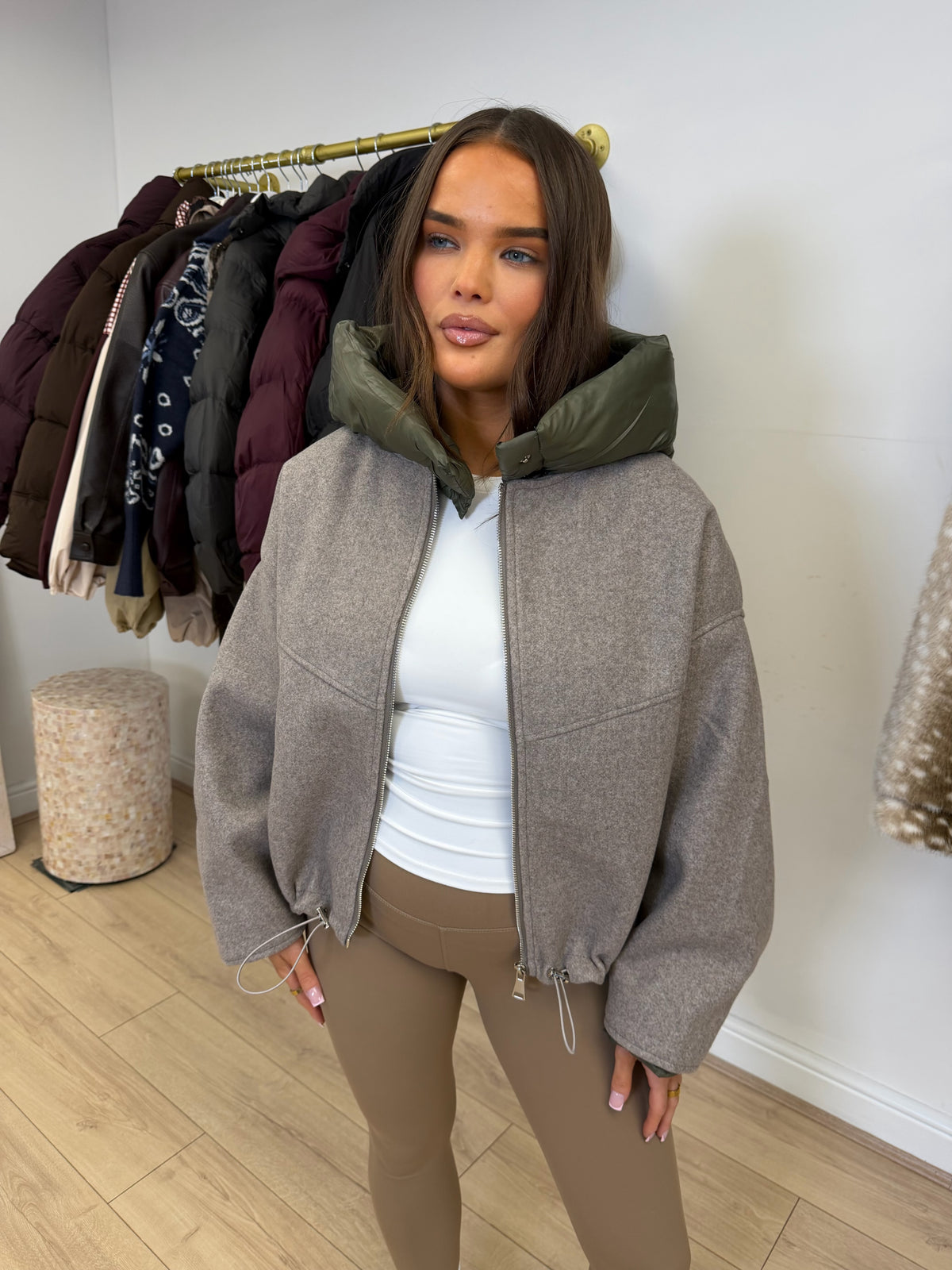 SUNDAY Wool Look Hooded Jacket In Taupe & Khaki