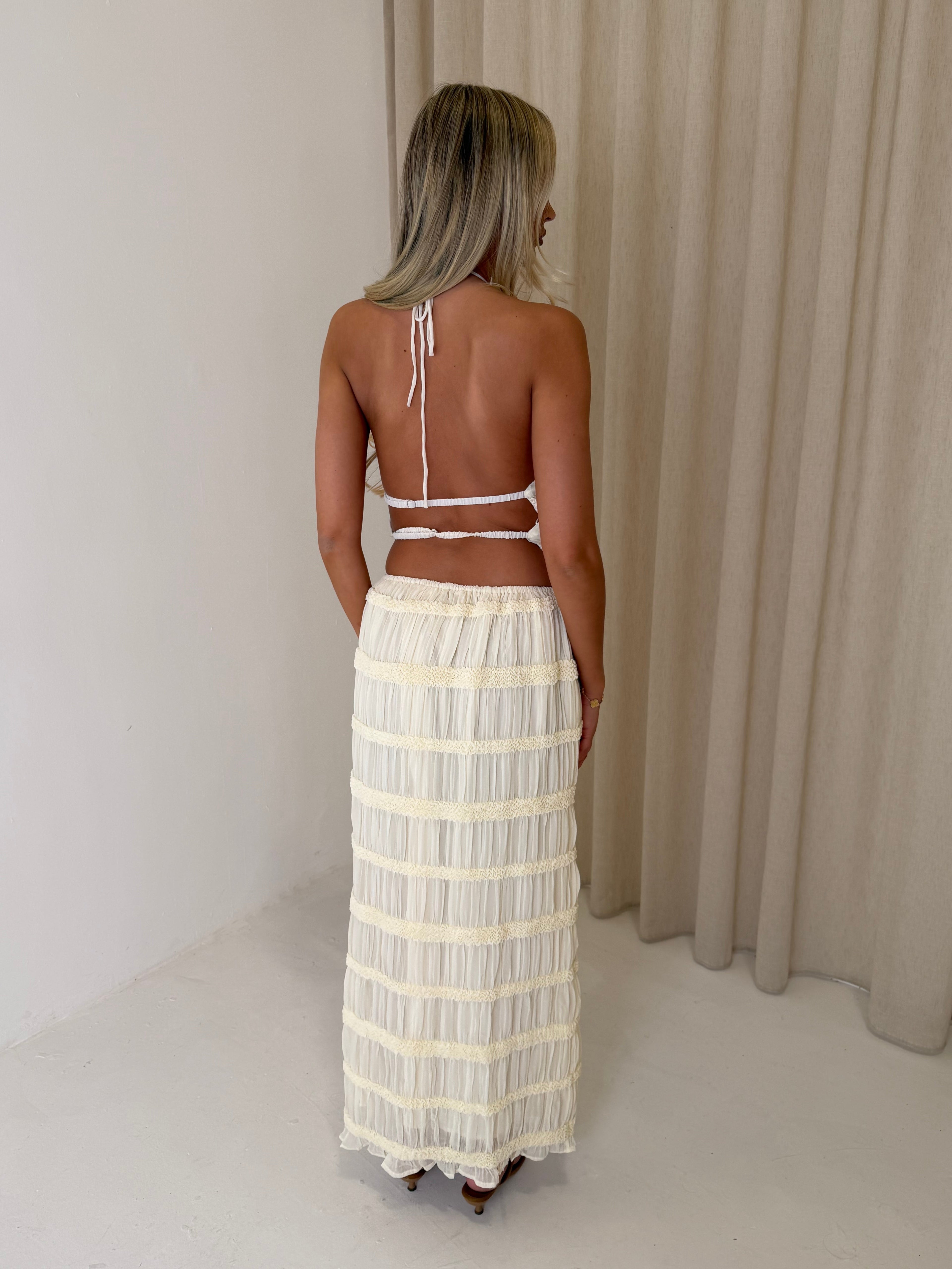 CAPRICE Chiffon Halterneck Top & Maxi Skirt Co-Ord In Beige