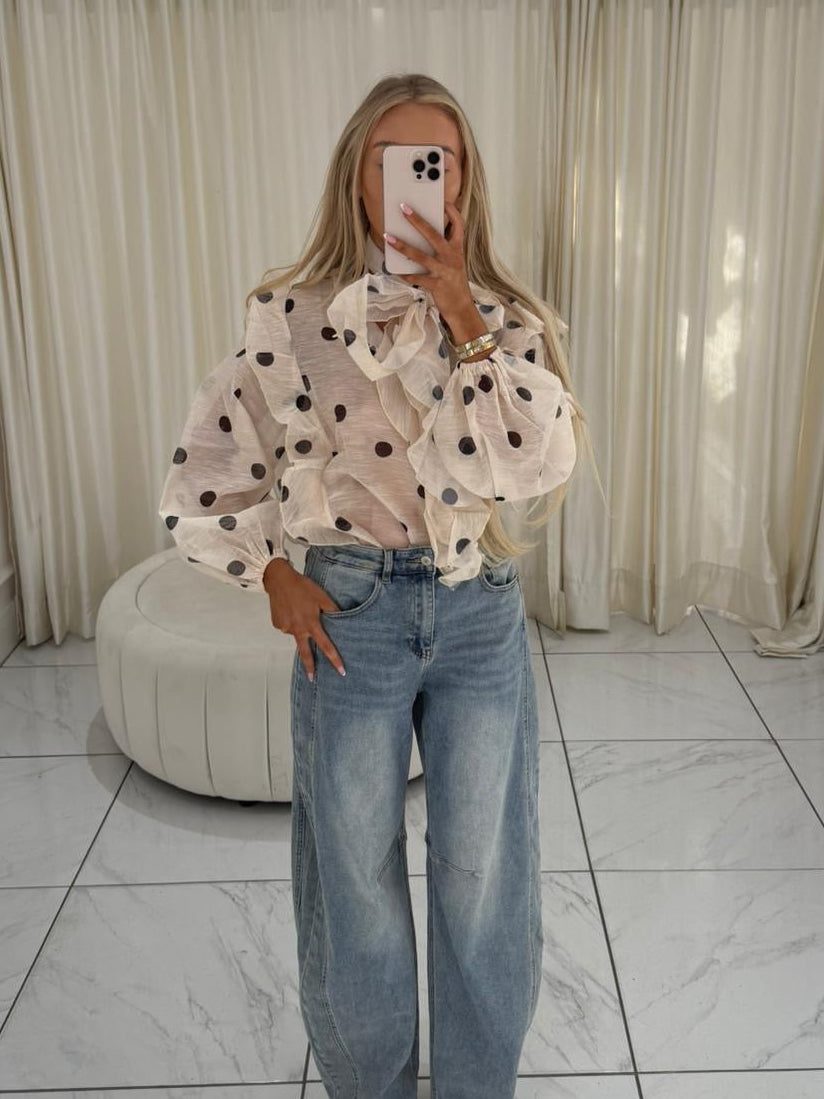 DOTTIE Long Sleeved Polka Dot Bow Blouse In Beige