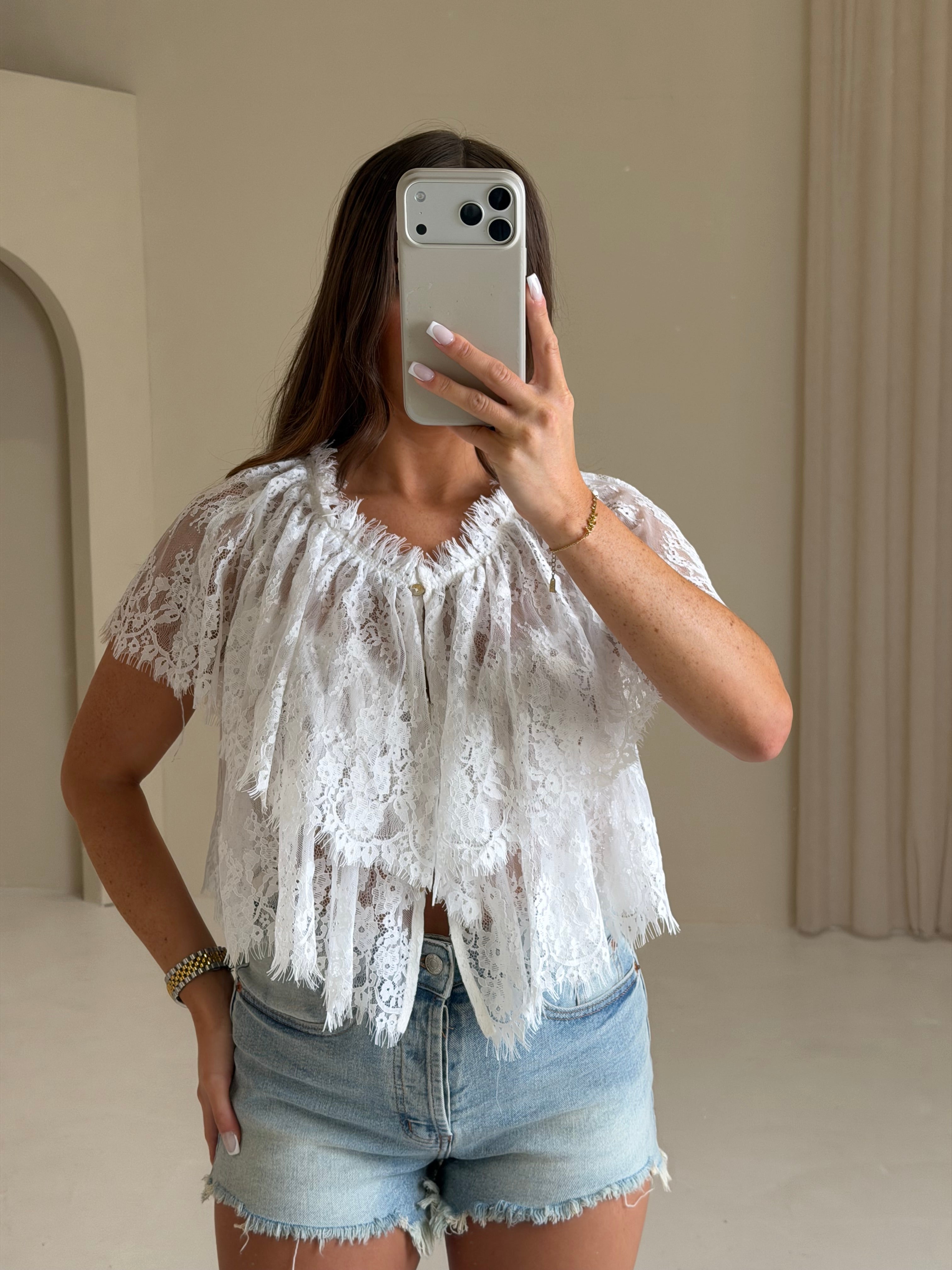LULA Lace Frill Button Up Top In White