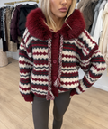 WINNIE Chunky Knitted Faux Fur Hooded Cardigan In Burgundy