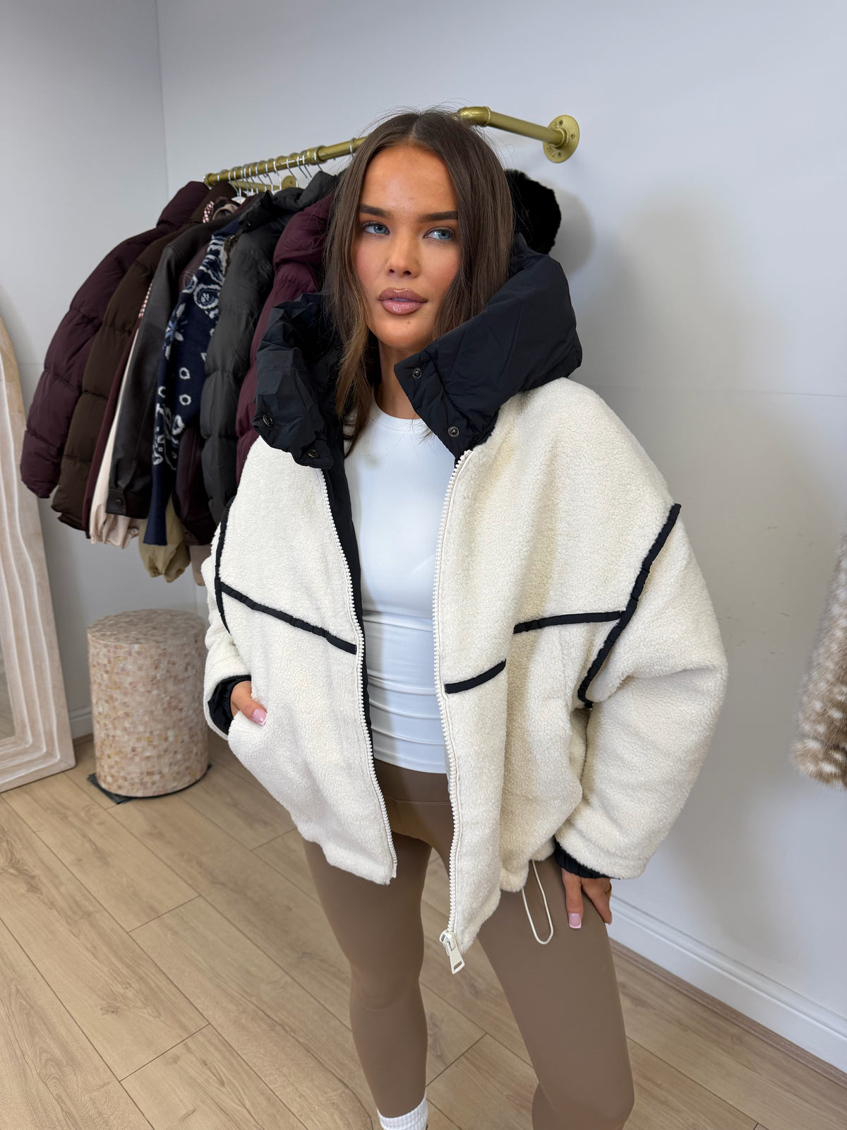 SUNDAY Teddy Fleece Hooded Jacket In White & Black