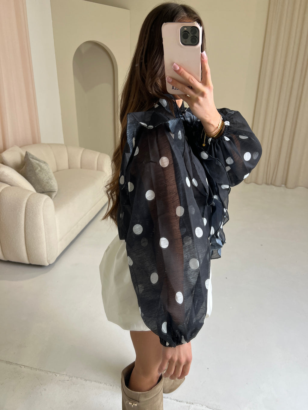 DOTTIE Long Sleeved Polka Dot Bow Blouse In Black