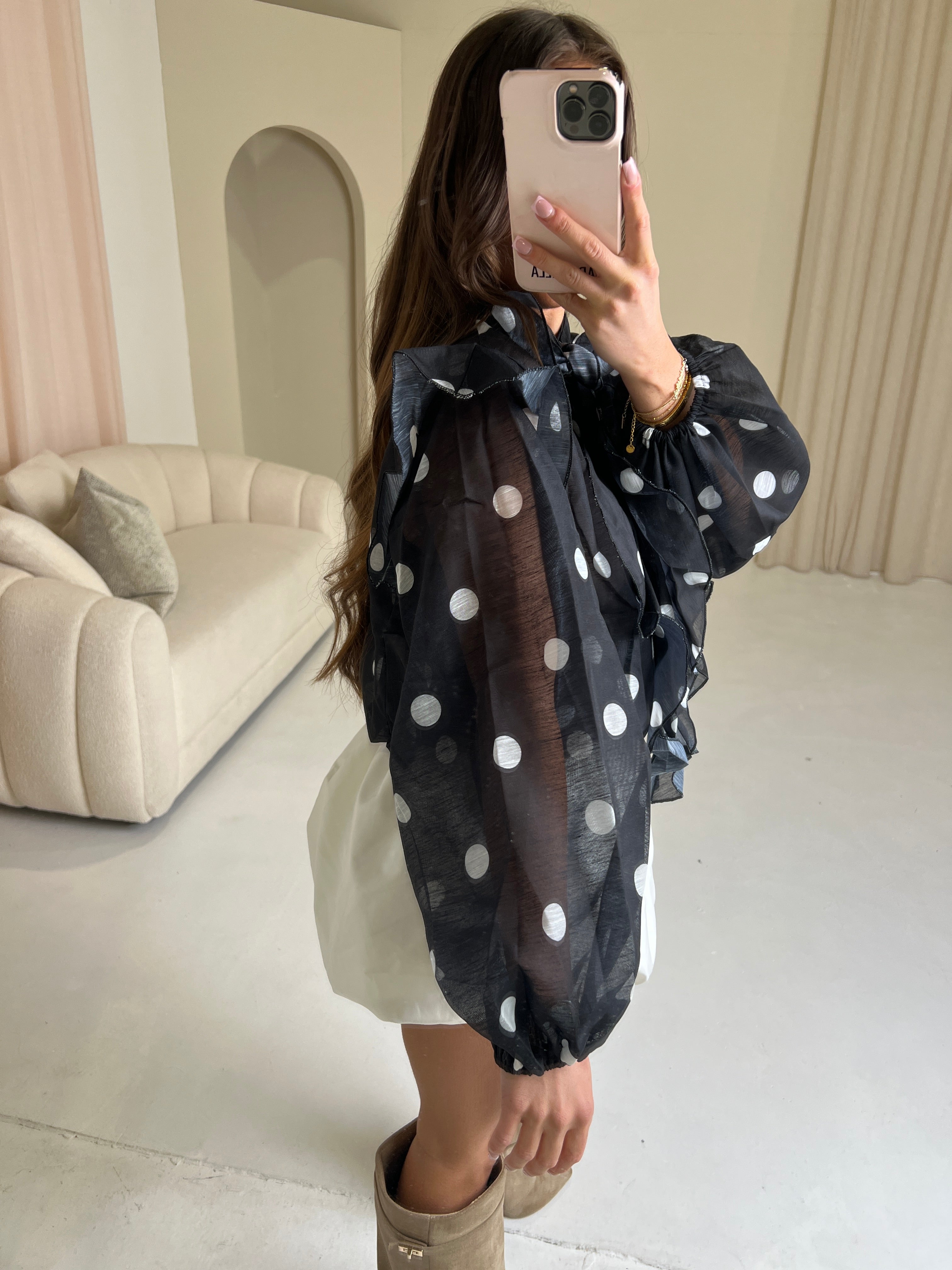 DOTTIE Long Sleeved Polka Dot Bow Blouse In Black