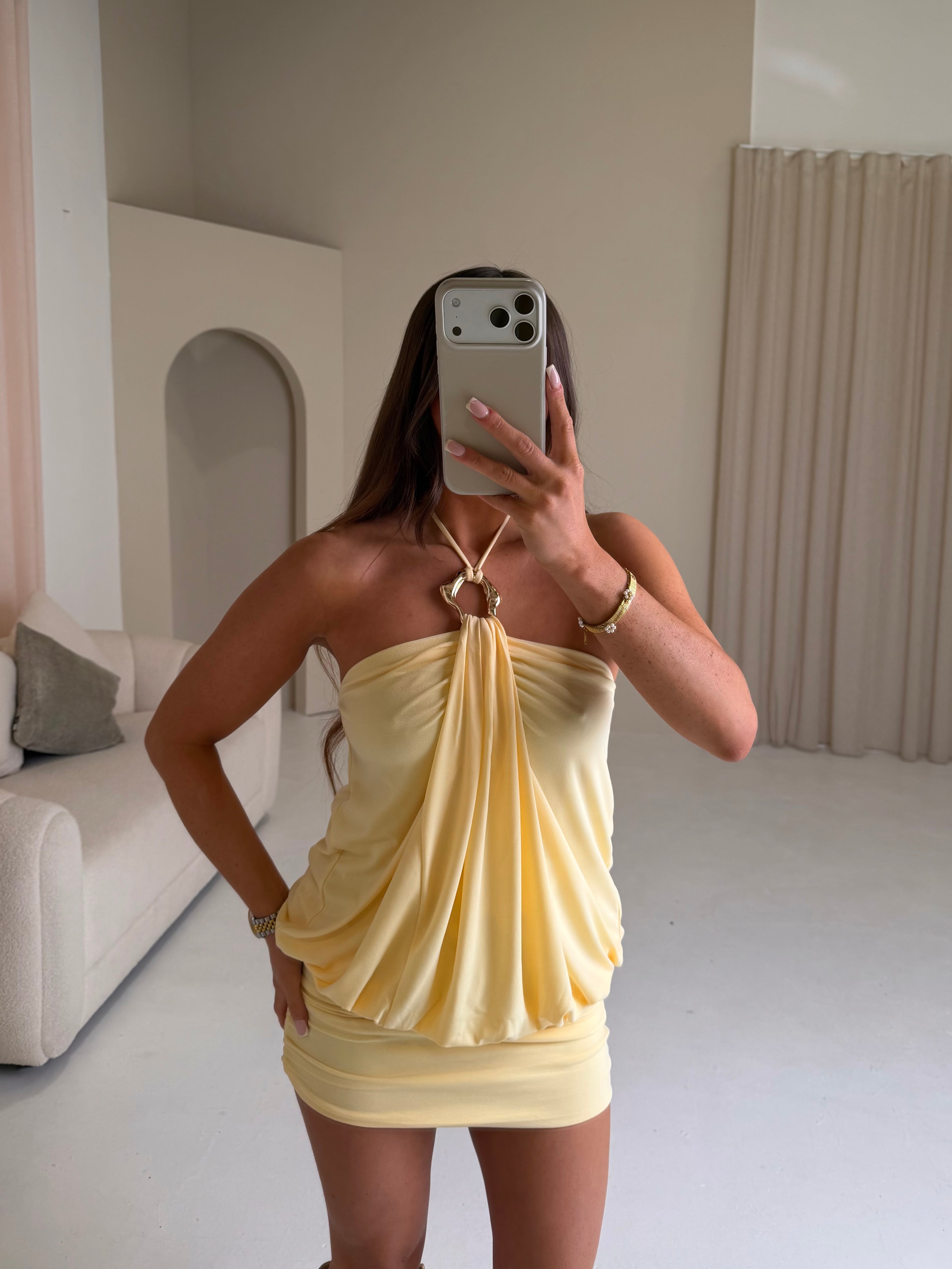 SOLEIL Draped Halter-neck Bodycon Mini Dress In Lemon