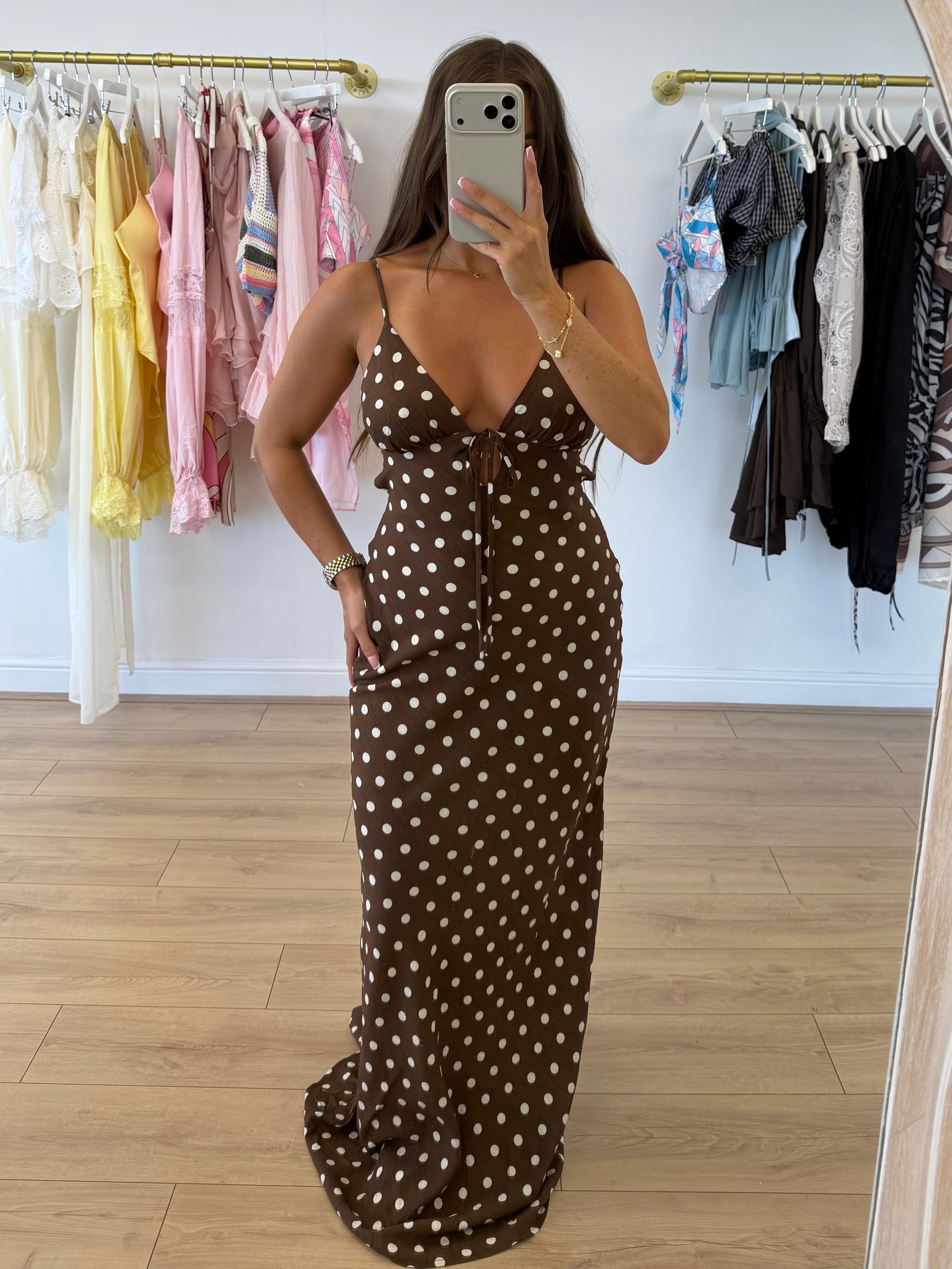 MARGOUX Polka Dot Cut Out Back Maxi Dress In Chocolate