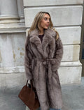 FALLON Faux Fur Belted Longline Coat In Mink