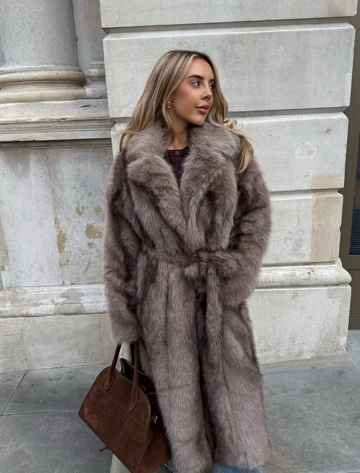 FALLON Faux Fur Belted Longline Coat In Mink