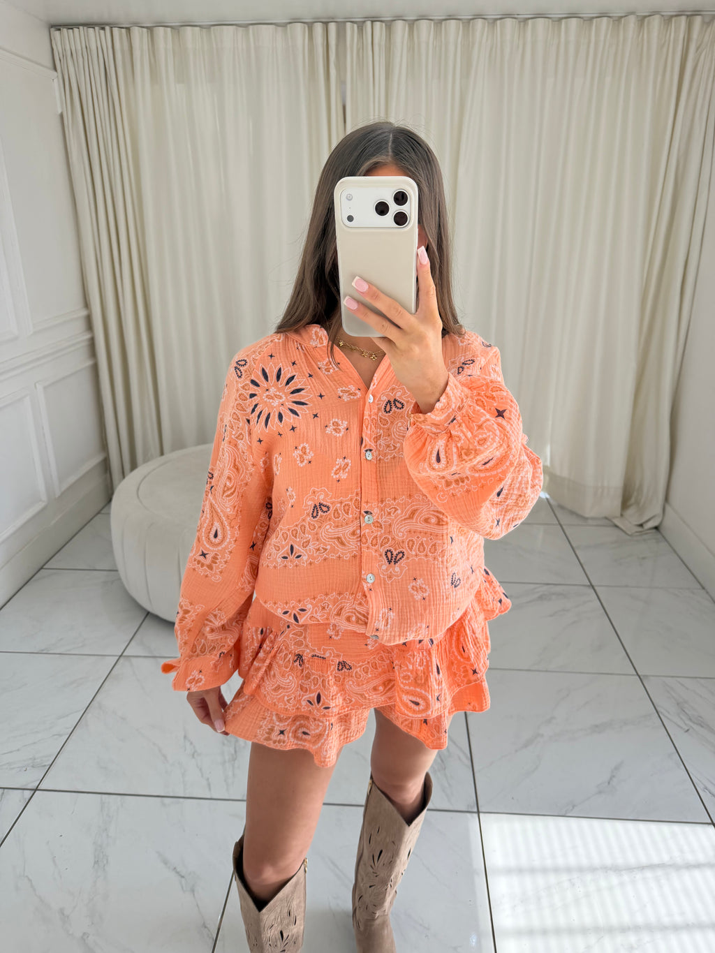 SPIRIT Paisley Cheesecloth Button Shirt & Skort Co-Ord In Orange