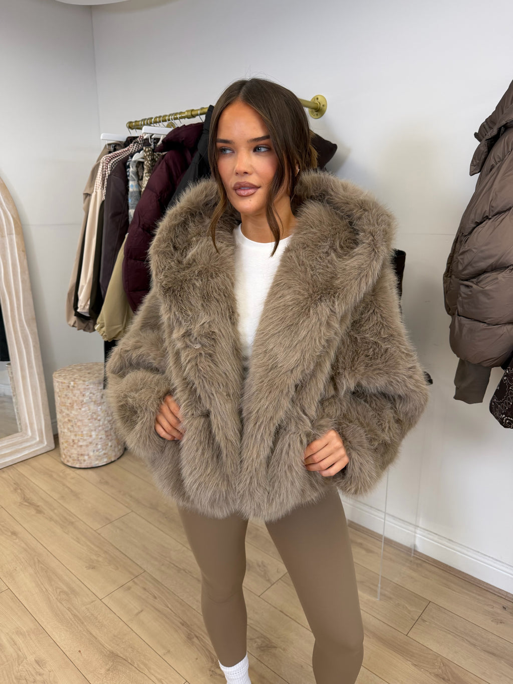 MONROE Hooded Faux Fur Long Sleeved Jacket In Biscuit