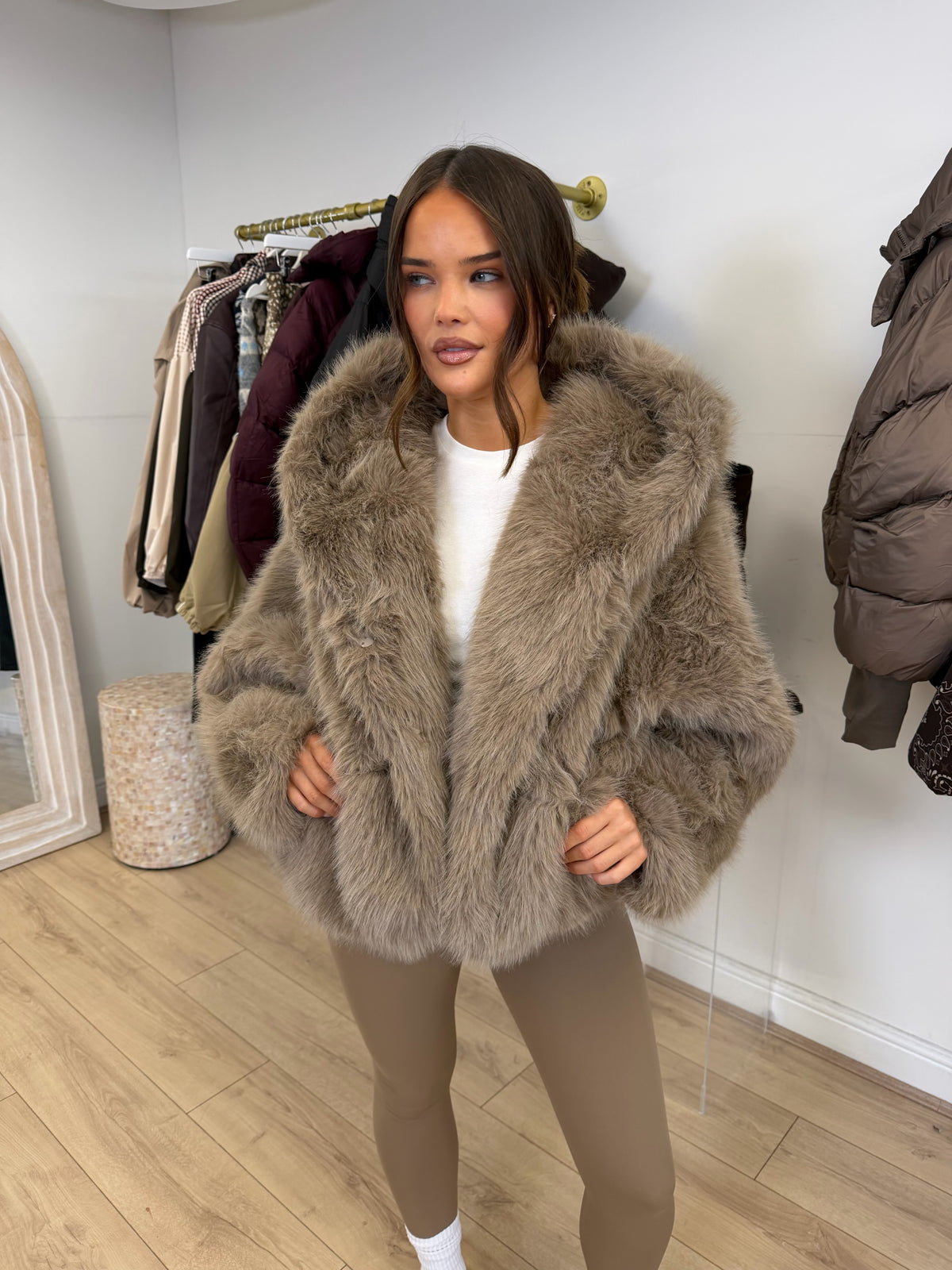 MONROE Hooded Faux Fur Long Sleeved Jacket In Biscuit