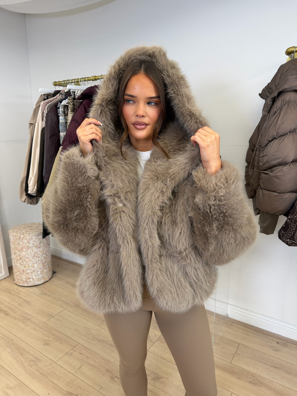 MONROE Hooded Faux Fur Long Sleeved Jacket In Biscuit