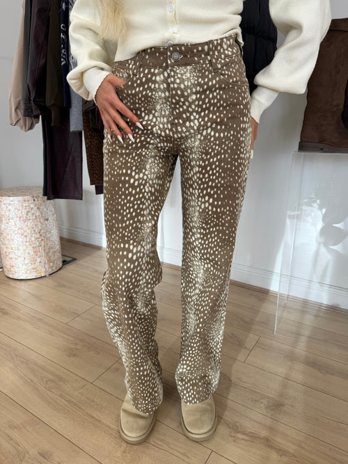 AUTUMN Deer Print High Waist Wide Leg Jeans In Taupe