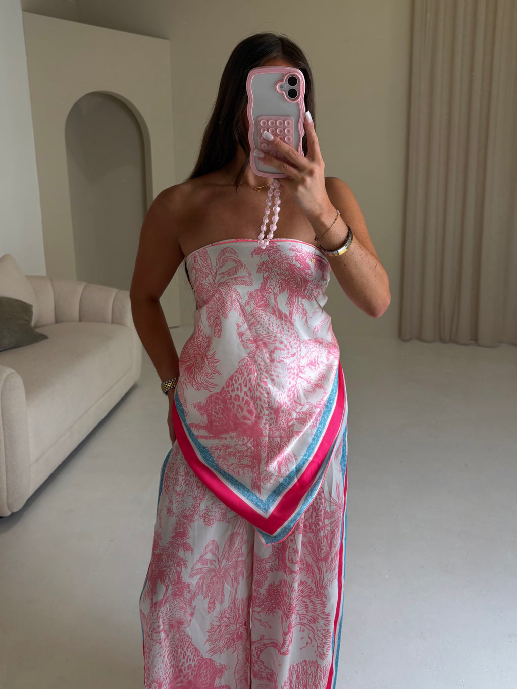 RIVIERA Satin Bandeau Printed Scarf Top & Trouser Co-Ord In Pink