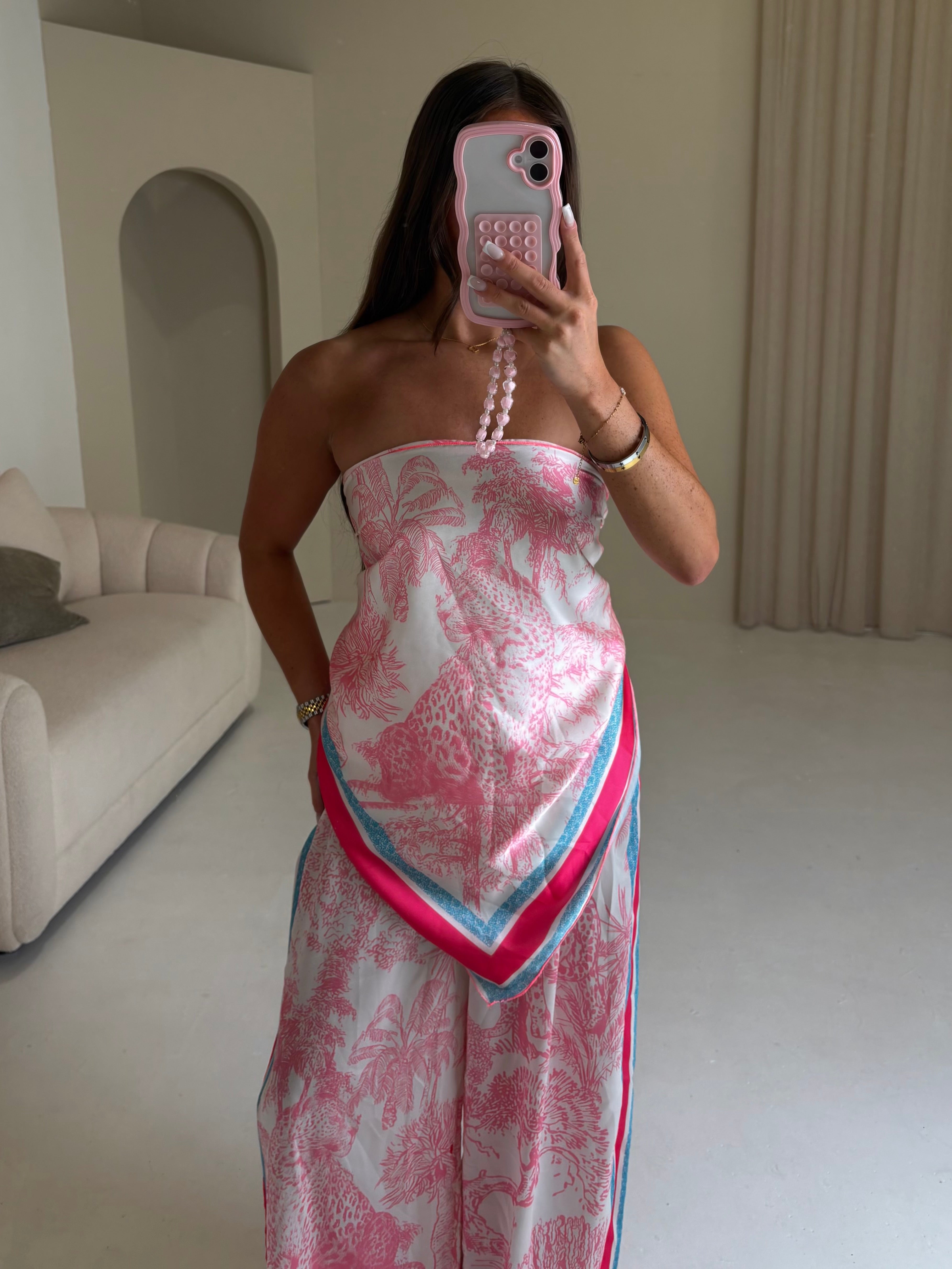 RIVIERA Satin Bandeau Printed Scarf Top & Trouser Co-Ord In Pink