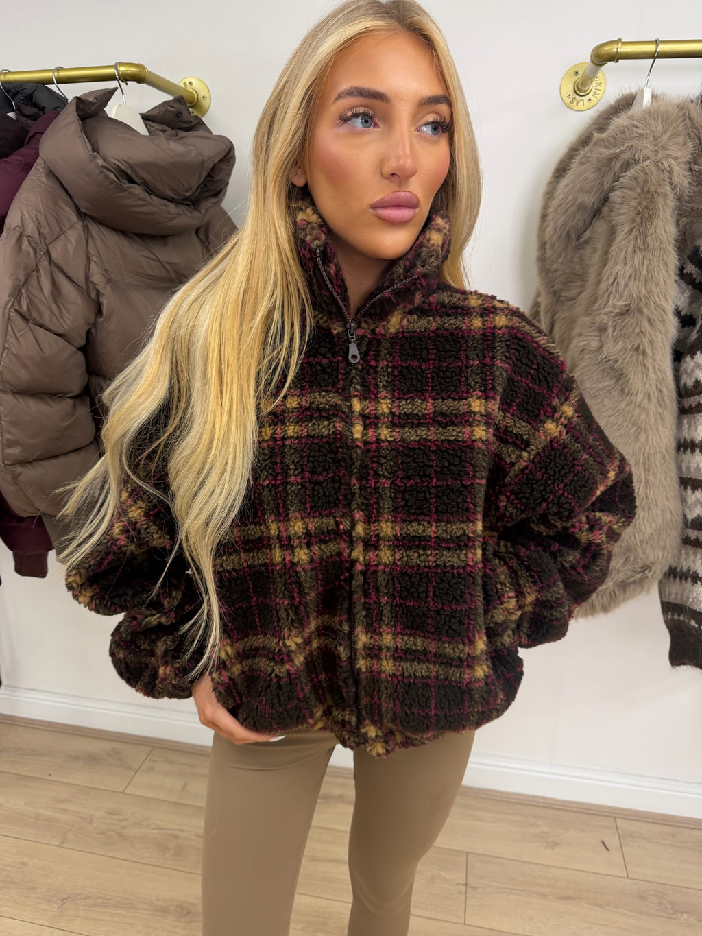 FRANKIE Zip Up Tartan Fleece In Chocolate