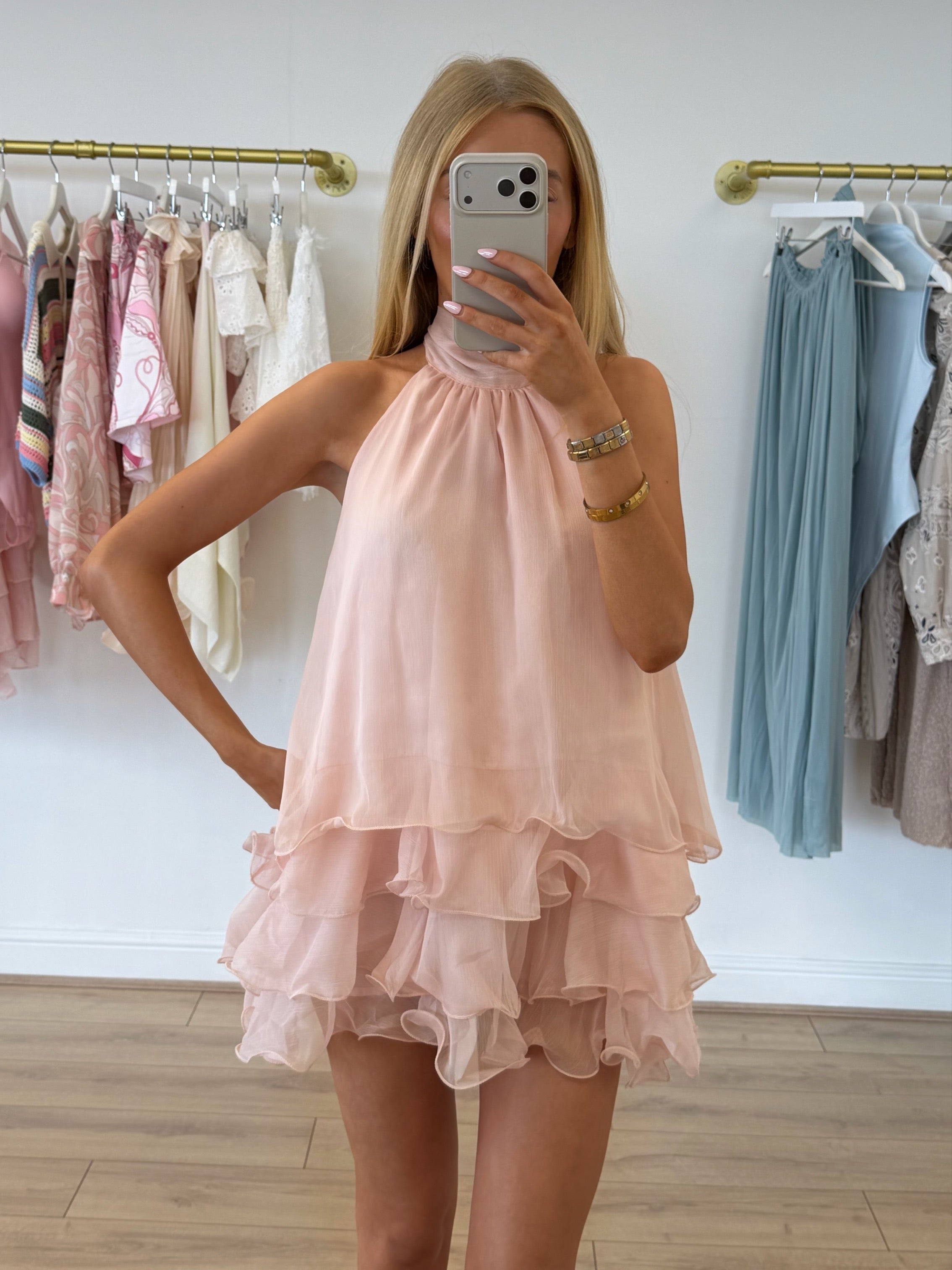 BLISS Halterneck Ruffle Tie Top & Shorts Co-Ord In Blush