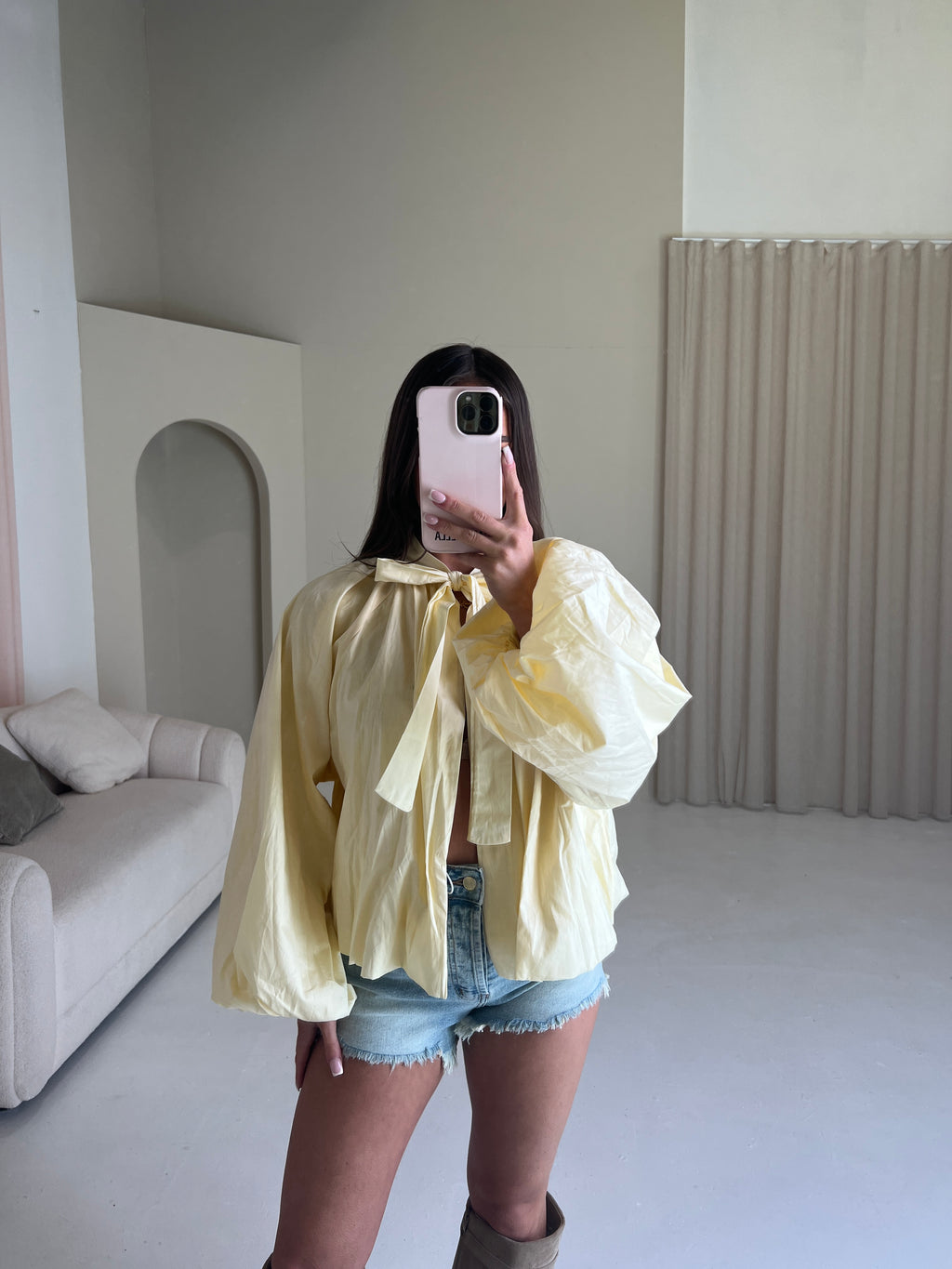 SUMMER Bow Tie Open Back Blouse In Yellow