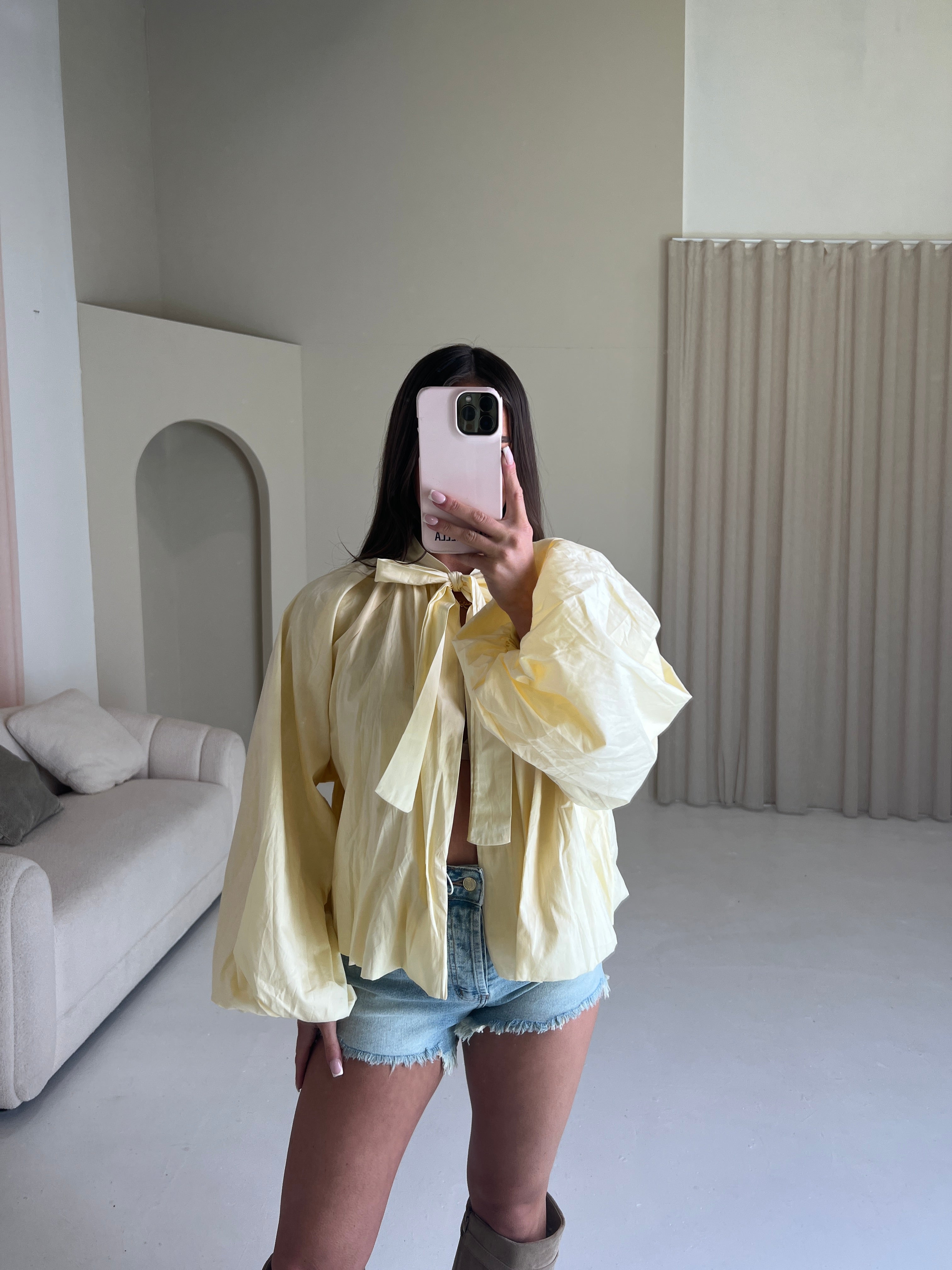 SUMMER Bow Tie Open Back Blouse In Yellow