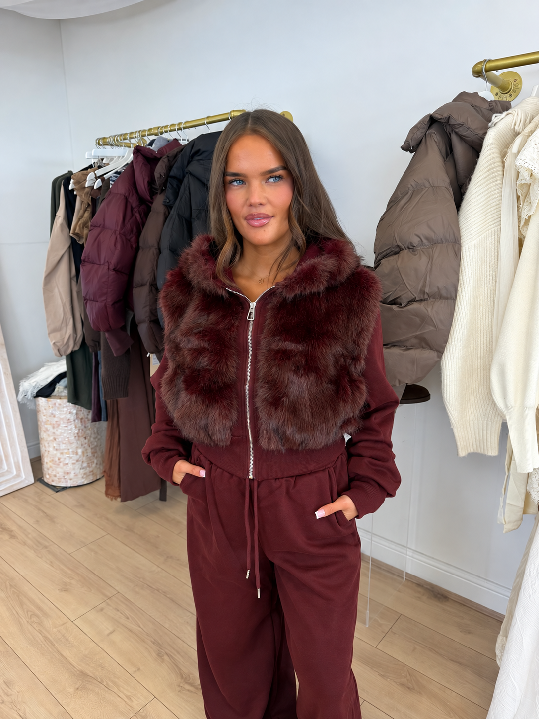 AUBREY Hooded Faux Fur Zip Up Jacket & Wide Leg Trouser Co-Ord In Burgundy