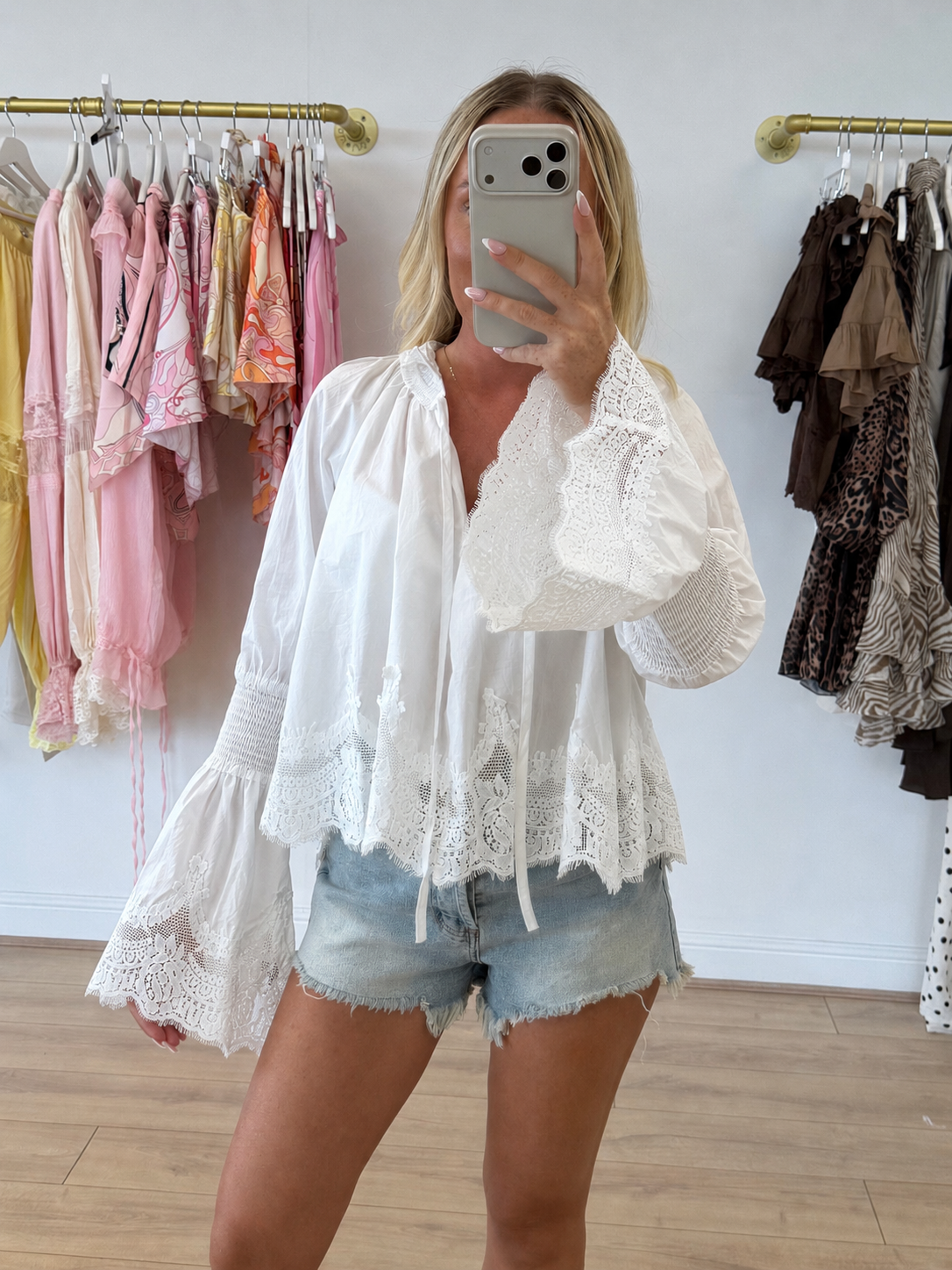 MABEL Tie Up Lace Boho Ruched Sleeve Blouse In White