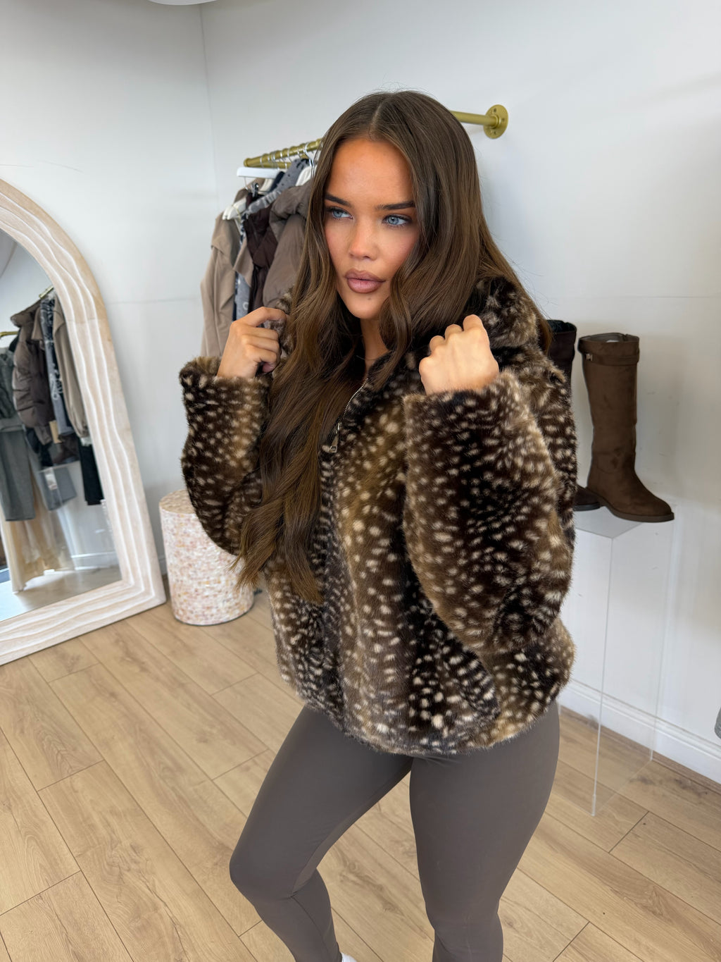 FAWN Faux Fur Deer Print Hooded Jacket In Brown