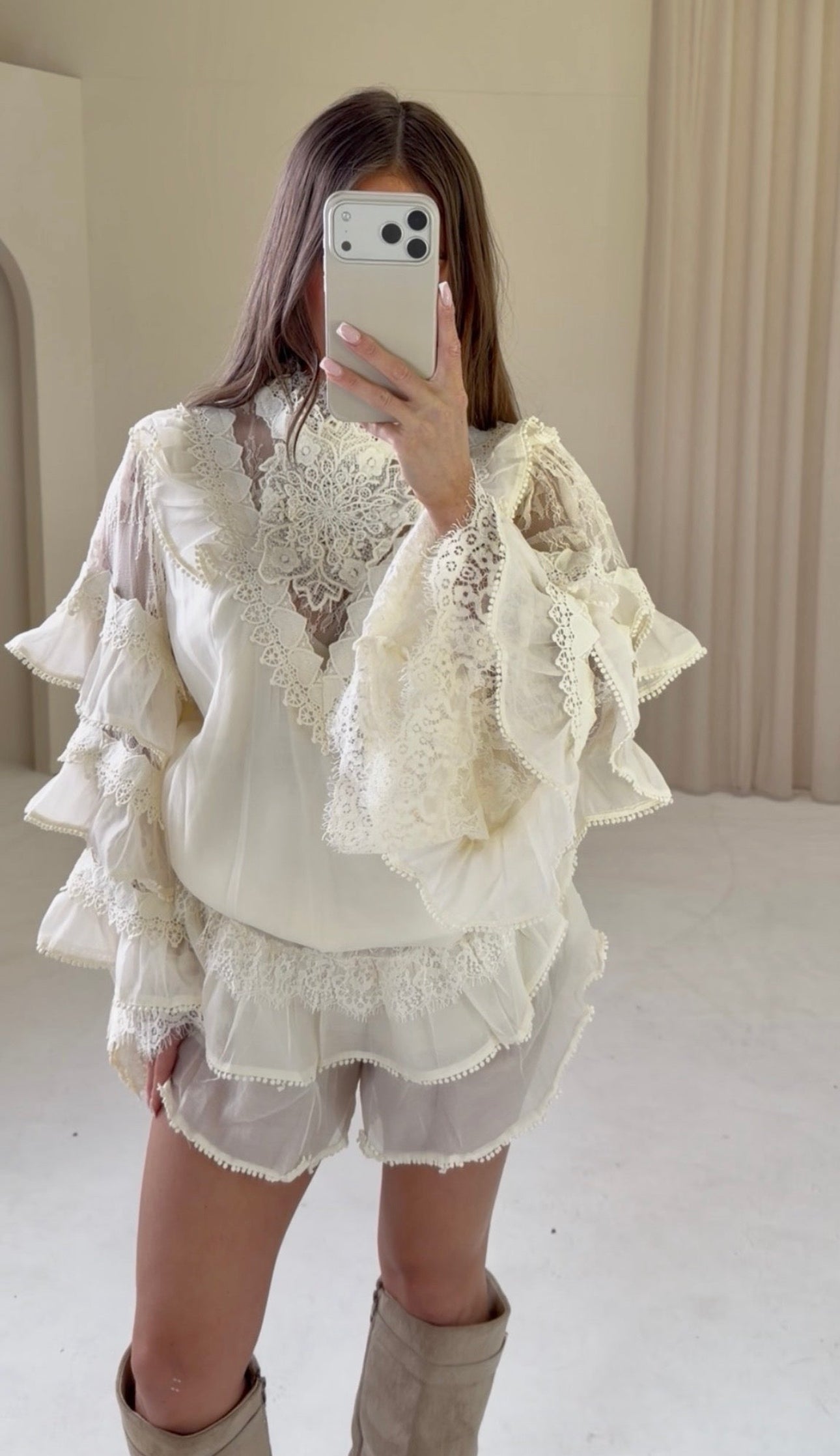 ISABEL Ruffle Long Sleeve Top & Mini Shorts Co-Ord In Beige