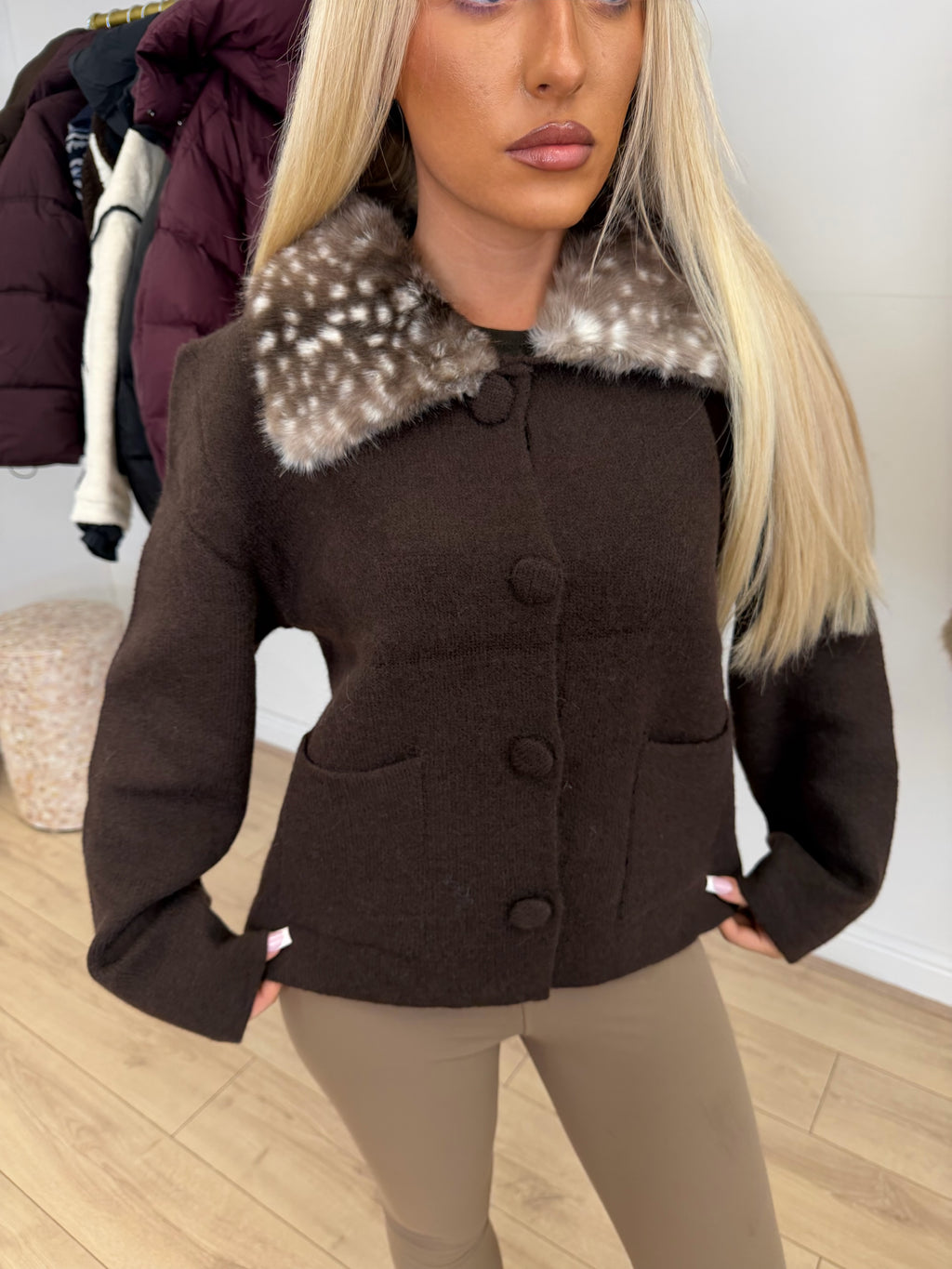 LOTTIE Knitted Fawn Printed Button Up Cardigan In Brown
