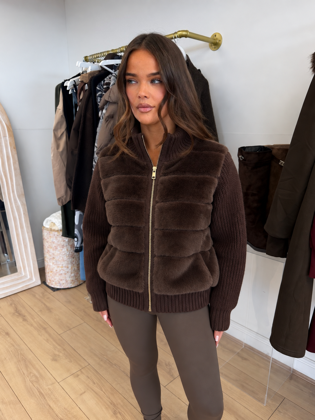 WILLOW Faux Fur Knitted Zip Up Jacket In Chocolate