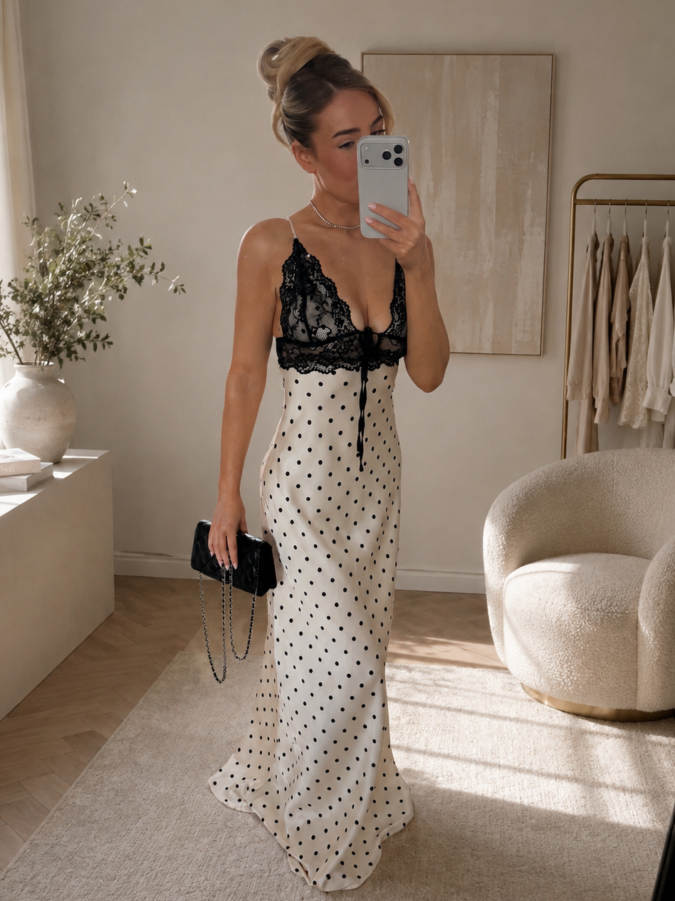 POPPIE Lace Detail Polka Dot Maxi Dress In White