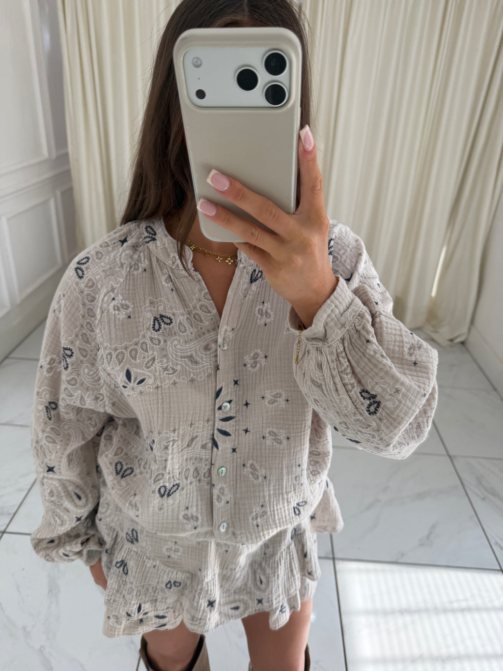 SPIRIT Paisley Cheesecloth Button Shirt & Skort Co-Ord In Beige