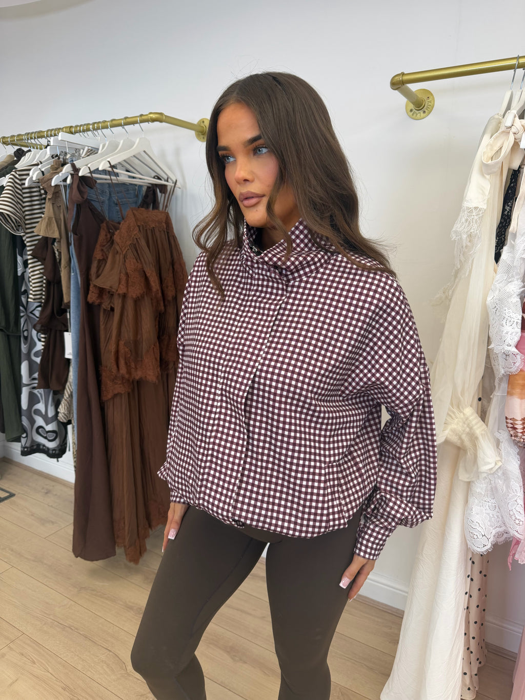 BONNIE Gingham Zip Up Jacket In Burgundy