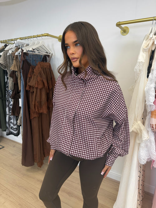 BONNIE Gingham Zip Up Jacket In Burgundy
