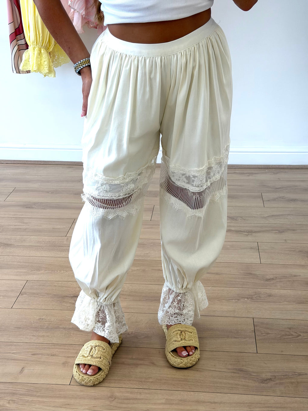 LUNA High Waisted Lace Boho Trousers In Cream