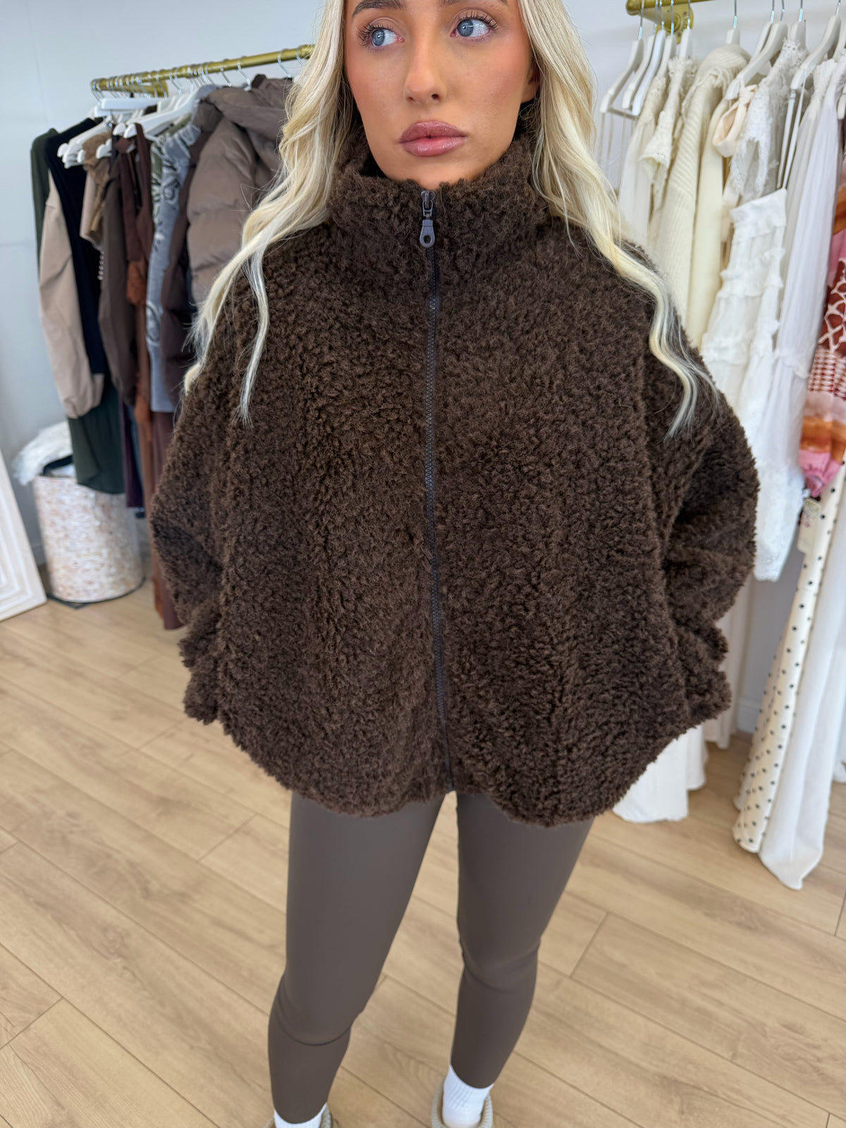 HATTIE Borg Shearling Full Zip Jacket In Chocolate