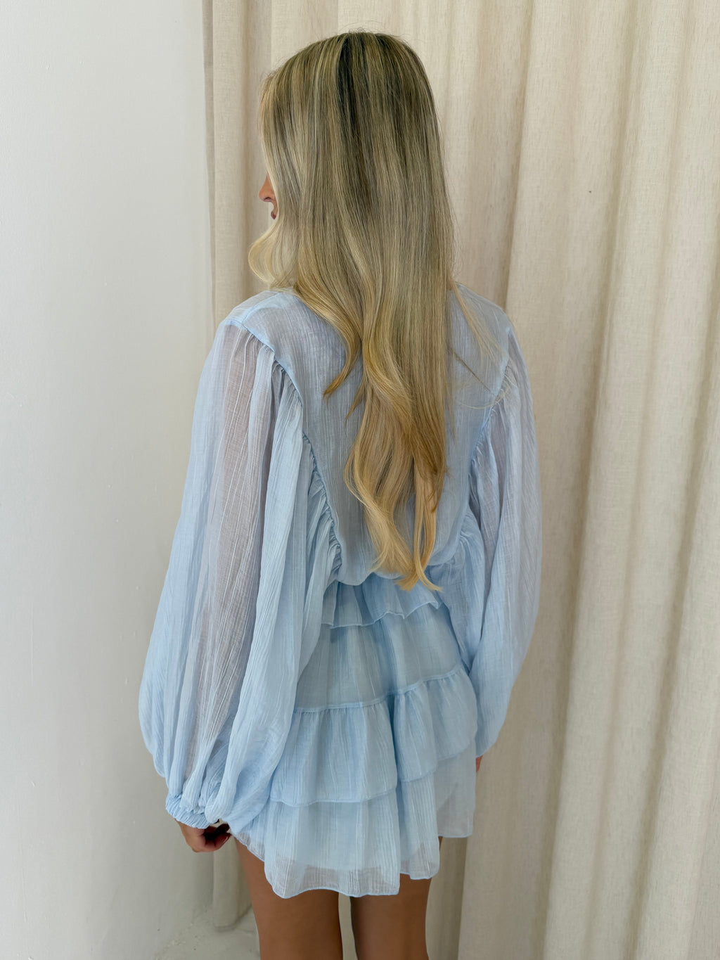 LUCIA Balloon Sleeve Ruffle Button Up Dress In Blue