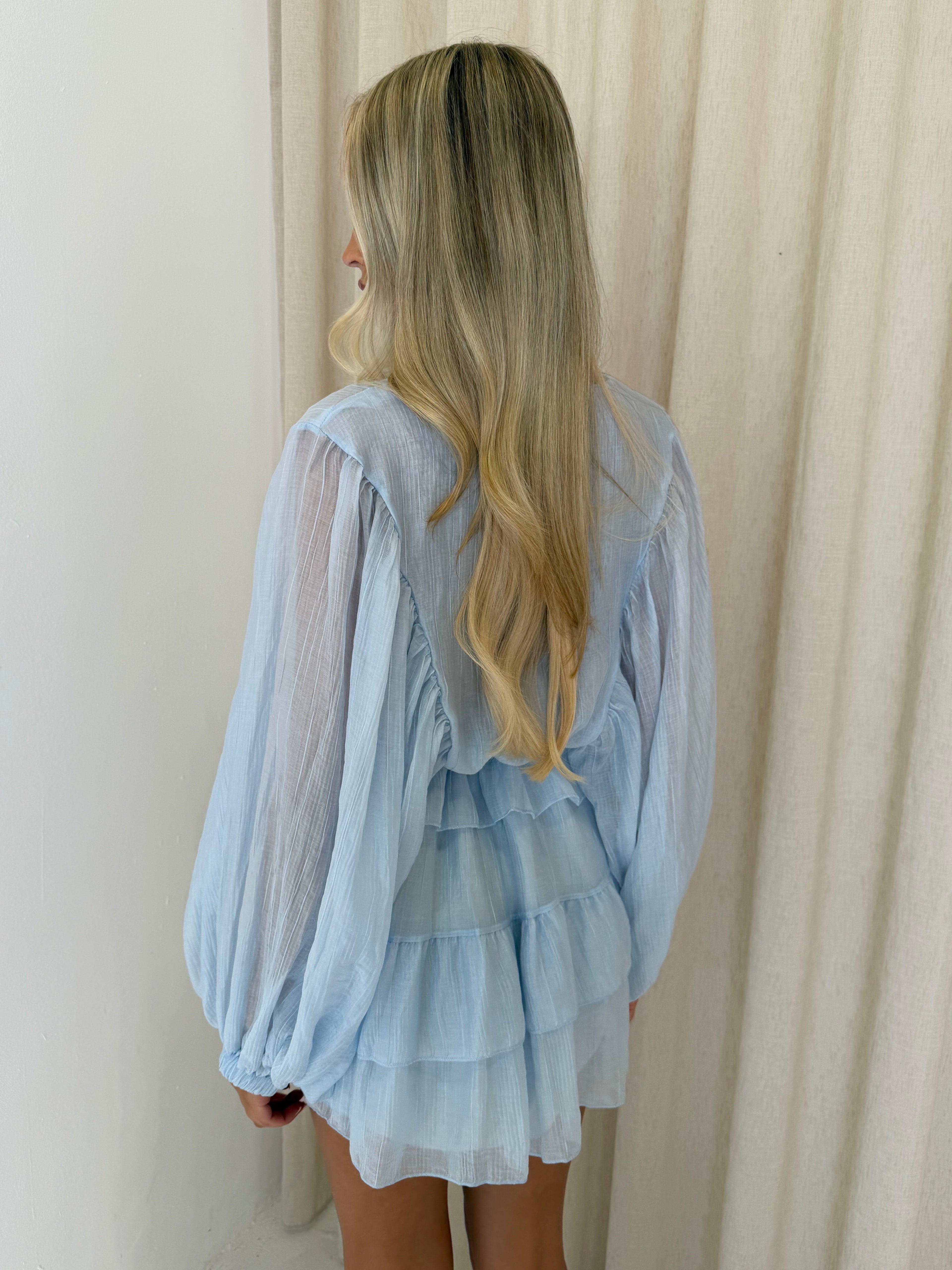 LUCIA Balloon Sleeve Ruffle Button Up Dress In Blue