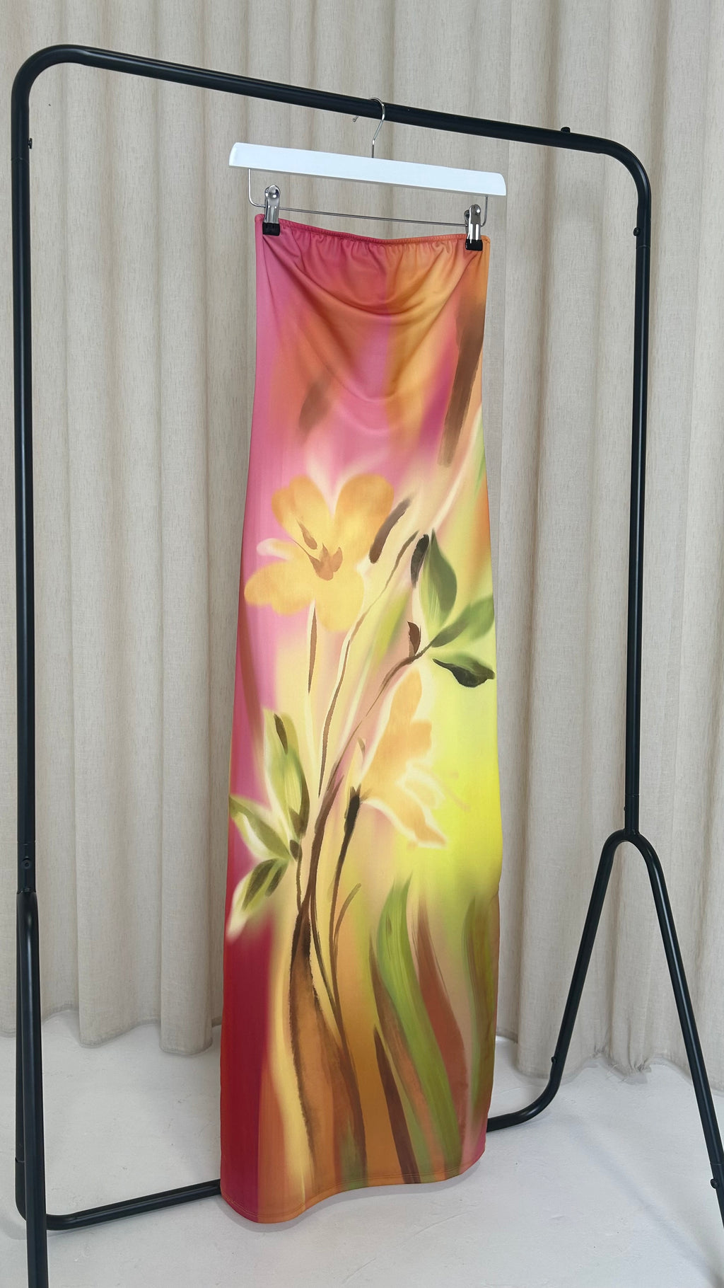 LILA Satin Floral Bandeau Maxi Dress In Pink & Yellow