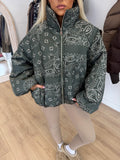 INDIE Paisley Puffer Oversized Jacket In Khaki
