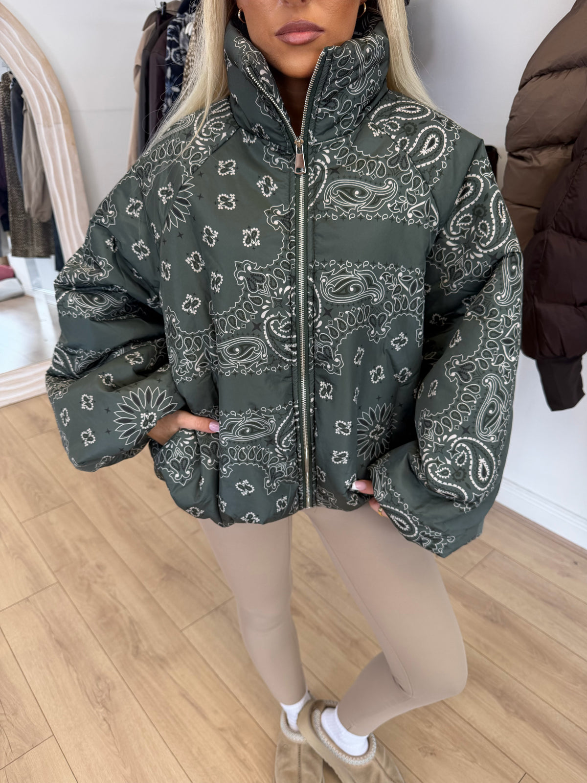INDIE Paisley Puffer Oversized Jacket In Khaki