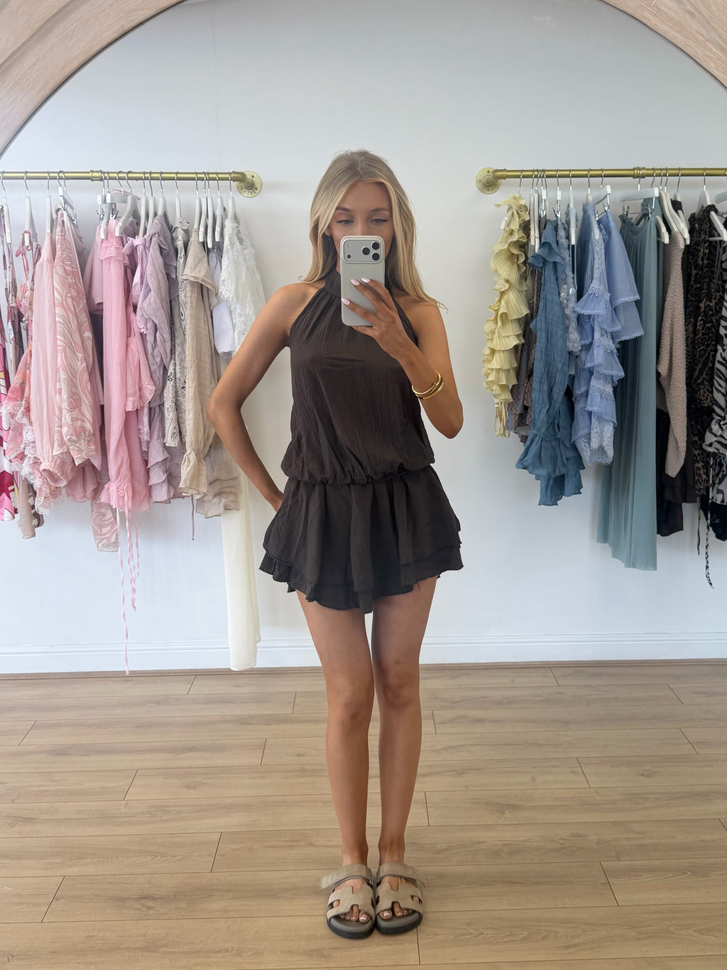 SOFIA Halter Neck Cheesecloth Playsuit In Chocolate