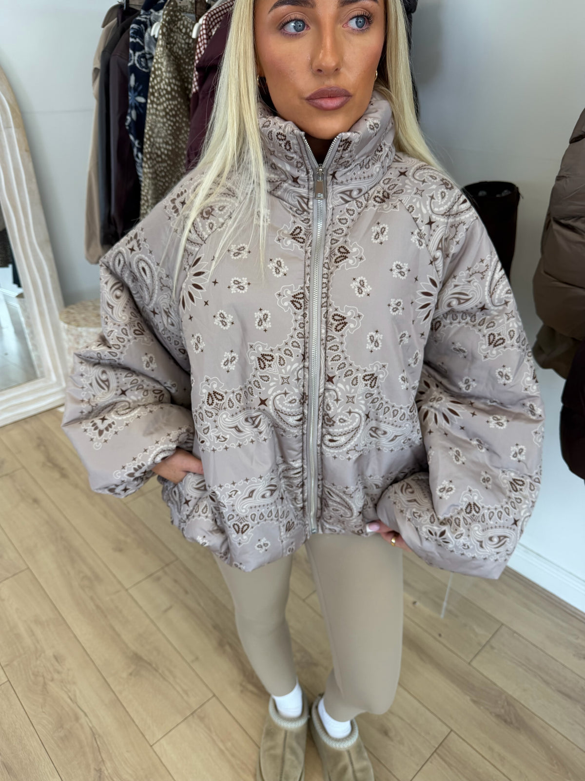 INDIE Paisley Puffer Oversized Jacket In Taupe