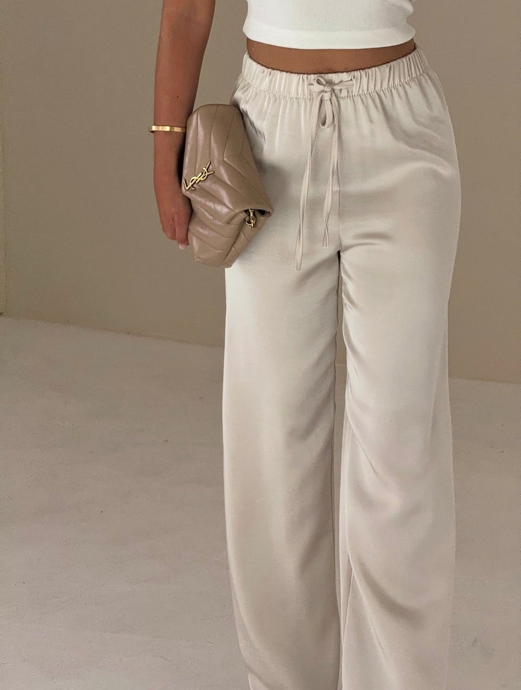 PERRIE Satin Wide Leg Trousers In Champagne
